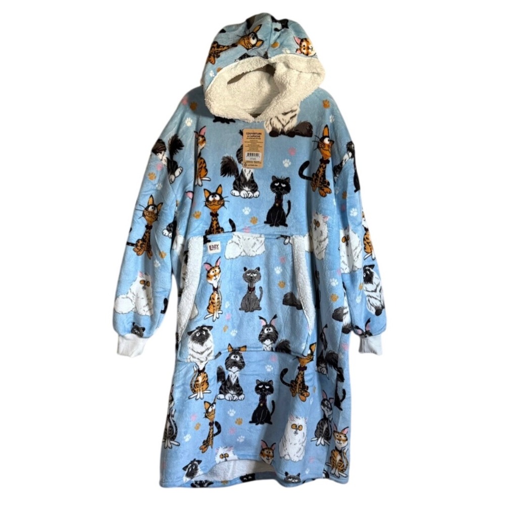 NEW NWT Lazy One Cat Print Blanket Hoodie Oversized Sherpa Fleece Blue One Size
